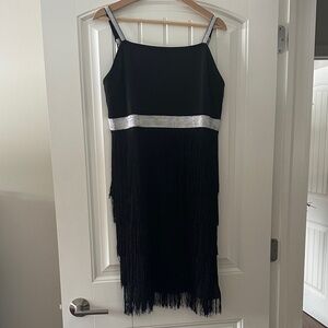 Black Fringe Slip Dress with Silver Accent